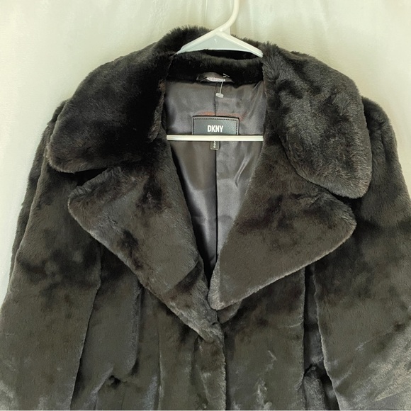 NWT DKNY Black Teddy Jacket Plush Mid-Length Faux Fur Coat Midi Size Large - Picture 7 of 12